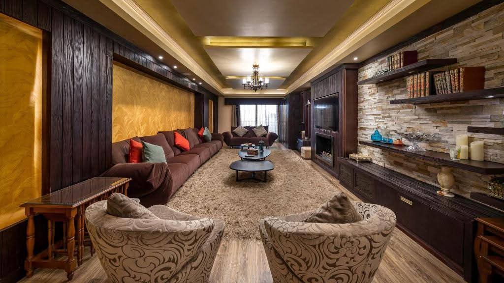 luxurious modern interior design with warm lighting and elegant furniture, arabic style